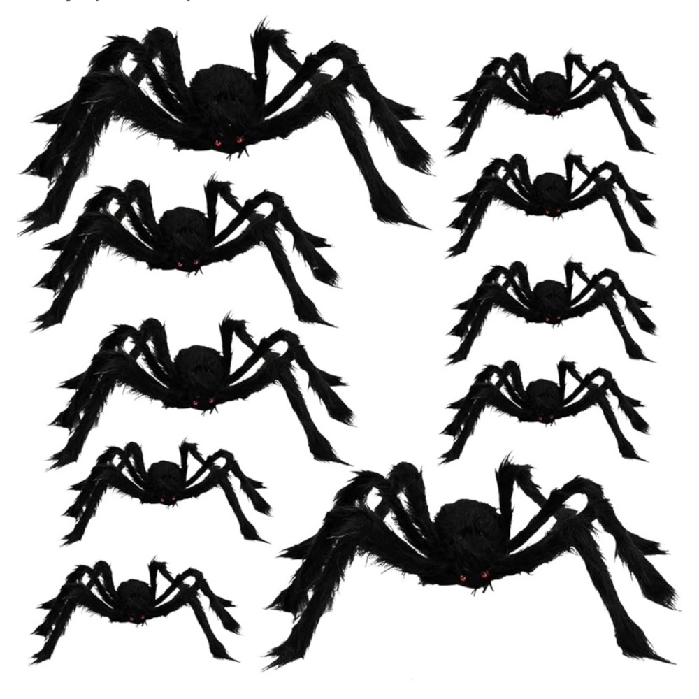 10 Pack Giant Scary Black Spider Decorations. Fake Large Hairy Spider Props